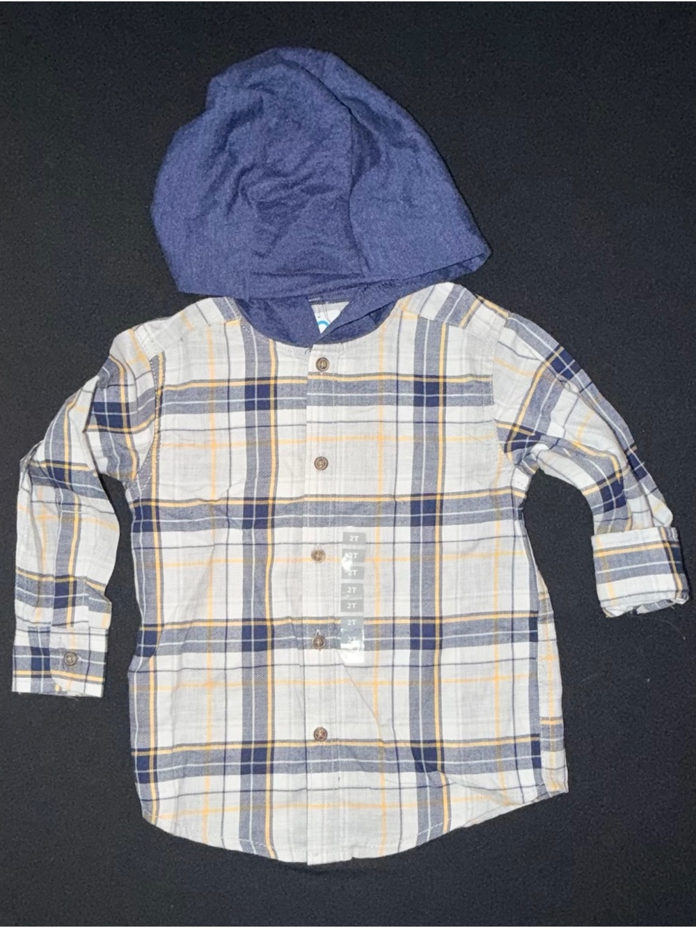 Carters Size 2T Plaid Hooded Button Up Long Sleeve Shirt Blue Yellow Gray NWT